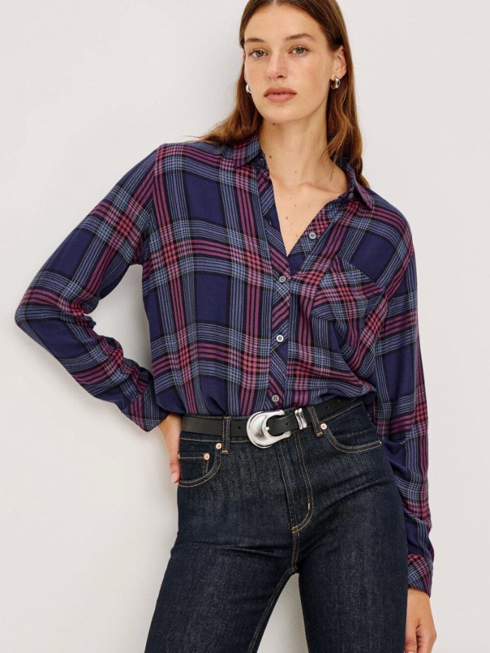 Rails Hunter Plaid Long Sleeve Shirt in Navy Rose Astor - Size M - Picture 3 of 14